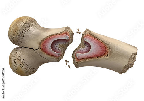 Detailed crosssection illustration of a broken human bone showing internal structure and fracture detail