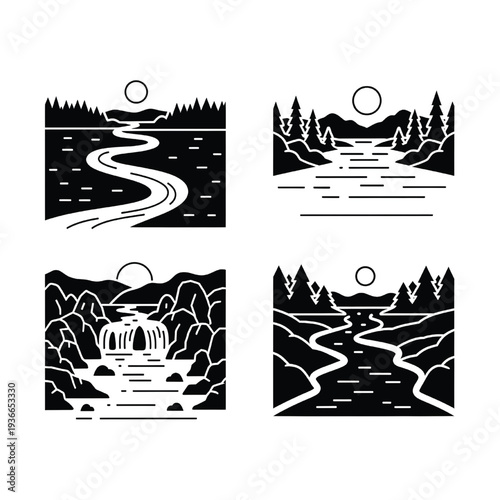 Four stylized black and white line art designs show serene natural waterways featuring rivers, lakes, forests, and setting suns.