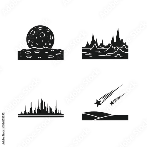 A collection of four conceptual black glyph icons presents various extraterrestrial and futuristic terrain types including a moon surface and stylized cityscapes.