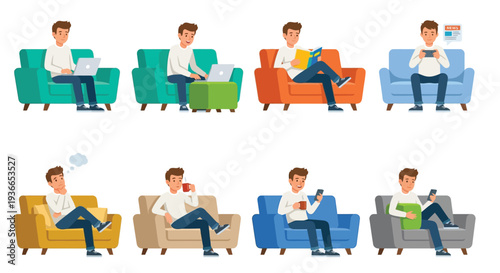 Man relaxing in armchairs engaging in various leisure activities