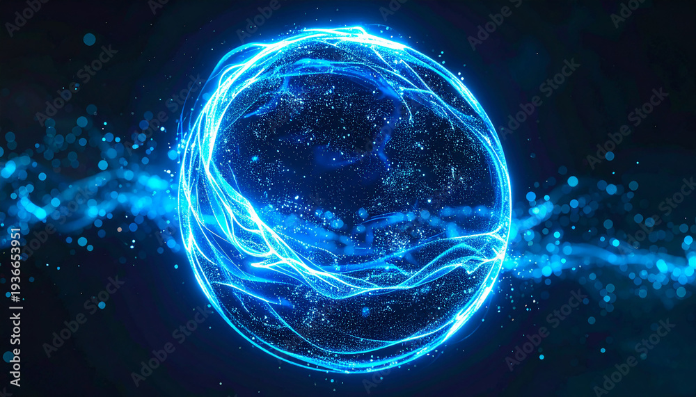 Fototapeta premium Round glowing orb of neon blue particles and energy waves, dynamic motion effect, abstract floating sphere