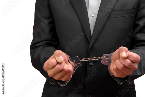 Foto Man businessman showing handcuffs on transparent background.