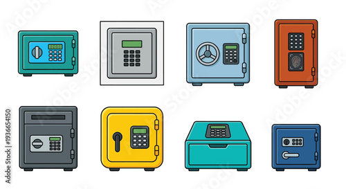 Collection of colorful safe deposit boxes in a flat cartoon style