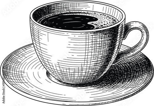 Coffee cup illustration, vintage engraving coffee mug, hot beverage cup with saucer, cafe drink sketch, retro line art