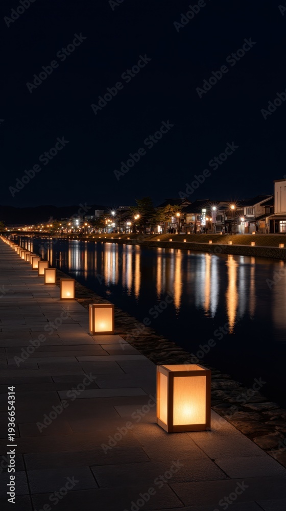 Obraz premium Tranquil Night at Japanese Lantern Festival with Reflective Water and Scenic Lights