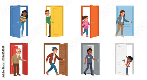 Diverse people interacting with brightly colored doors in a cartoon style