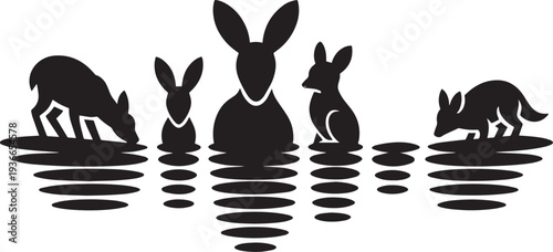 Minimalist animal heads reflection in water surface silhouette set with rabbits and deer