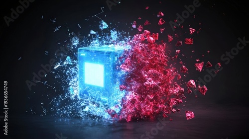A glowing blue AI firewall battling a red malware swarm, digital particles colliding, cyber warfare theme.