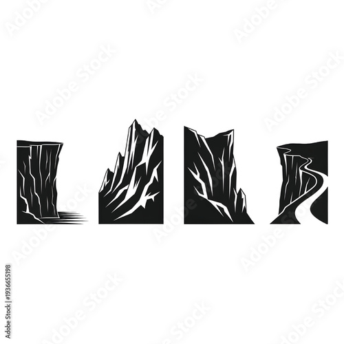 A collection of four strong black and white graphic representations showcases rugged mountain peaks and sheer cliff faces with winding paths.