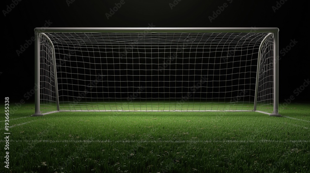 Fototapeta premium Soccer goal with a white net on a grass field, isolated against a black background.
