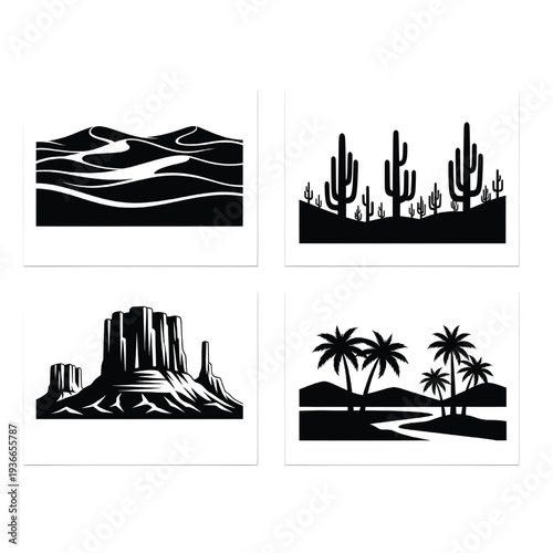 A set of four black and white graphics illustrates diverse arid and tropical natural environments including dunes and palm trees.
