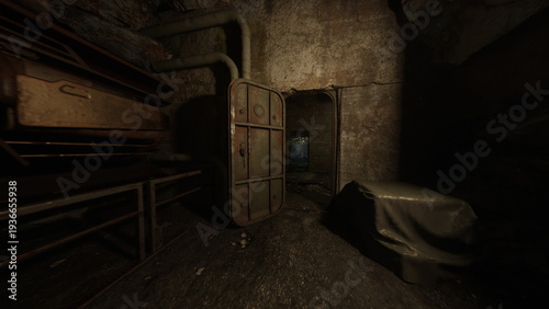 Tableau sur toile dusty locker room with rusted lockers and sagging tarp, covered stretcher and me
