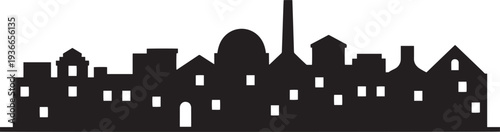 Small town silhouette featuring church dome factory chimney and residential house outlines