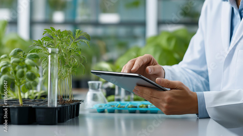 Wallpaper Mural Scientist lab examining plants using tablet, modern agricultural technology showcasing, data analysis precision farming, scientific crop monitoring, with copy space Torontodigital.ca