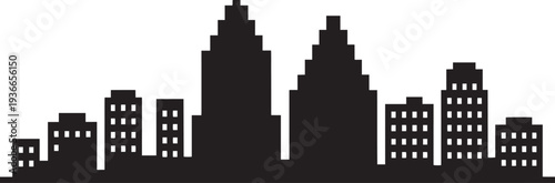 Stylized twin tower cityscape silhouette with windows on gray checkered background