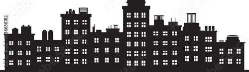 Traditional brick building silhouettes with windows and chimneys in classical architecture