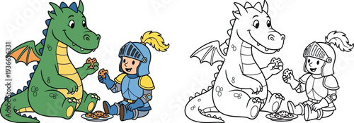 Cute Cartoon Dragon and Knight Sharing Cookies Friendship Coloring Page