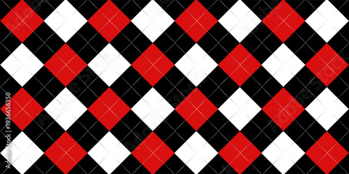 Harlequin red and black seamless pattern. Argyle diamond fabric texture. Classic lozenge simple background with gold line. Joker venetian rhombus carnival ornament bg. Vector design illustration.