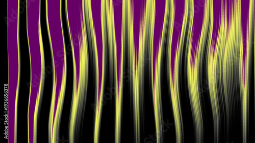 Vibrant purple and yellow abstract pattern with wavy black lines creating a dynamic visual effect