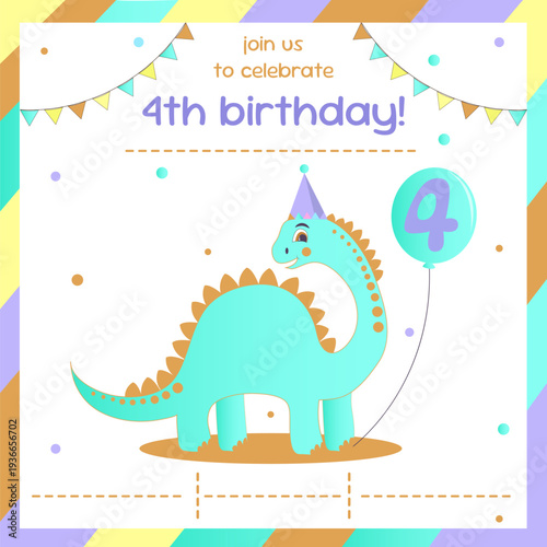 Dinosaur birthday invitation, 4th birthday invitation with cute dinosaur, balloons, flags