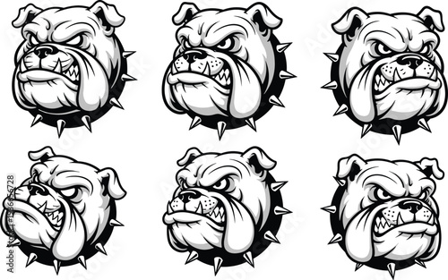 Angry bulldog mascot head collection with spiked collar, aggressive dog faces set for sports team logo, tattoo emblem and mascot illustration
