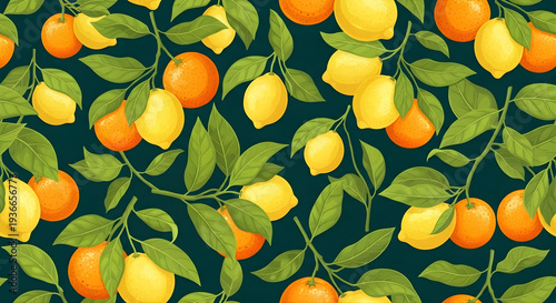 Seamless citrus fruit pattern with lemons and oranges on dark background