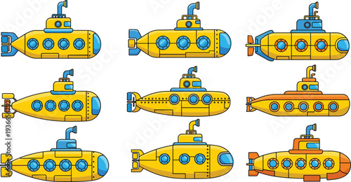 Cartoon submarine vector set with underwater vehicles, colorful submersibles collection, marine transport illustrations, ocean exploration concept isolated on white background