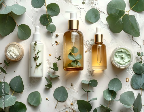 Skincare Flatlay with Vegan Products and Eucalyptus Accents on White Background