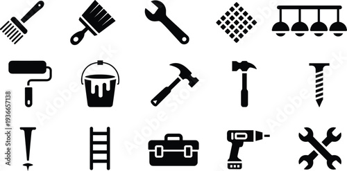 Construction and repair tools icon collection including hammer wrench drill paint roller brush ladder toolbox and screws simple silhouette vector set