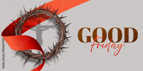 Good Friday Christian Poster with Crown of Thorns and Red Ribbon Symbolizing Jesus Sacrifice