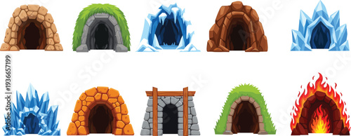 Cartoon cave entrances set with stone, ice, fire, grass and crystal styles, fantasy game assets collection isolated on white background