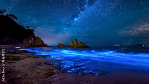 Bioluminescent Shoreline with Glowing Electric Blue Waves and Milky Way Galaxy over a Starry Night Sky