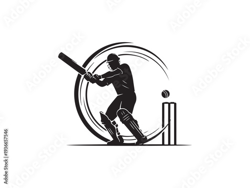 Cricket player in action hitting ball with.