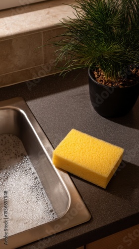 Wallpaper Mural Overhead Shot of Soap Bubbles and Yellow Sponge Near Kitchen Sink Torontodigital.ca