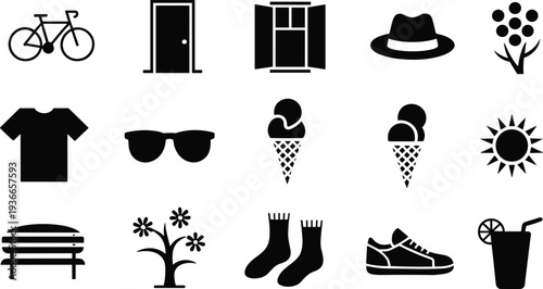 Everyday object icon collection including bicycle door window hat clothing sunglasses ice cream sun bench and drink simple silhouette vector set