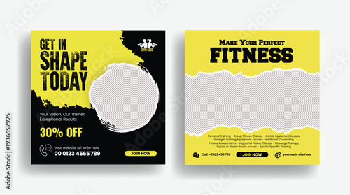 Trendy gym fitness club workout marketing templates featuring social media post design, square flyer poster, promotional banner ads and web banner layout for sport training promotion