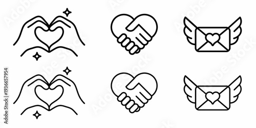 Love and Support Gesture Stroke Icon Collection. Containing Heart Hands, Handshake Heart, Winged Love Letter and Care Symbols.