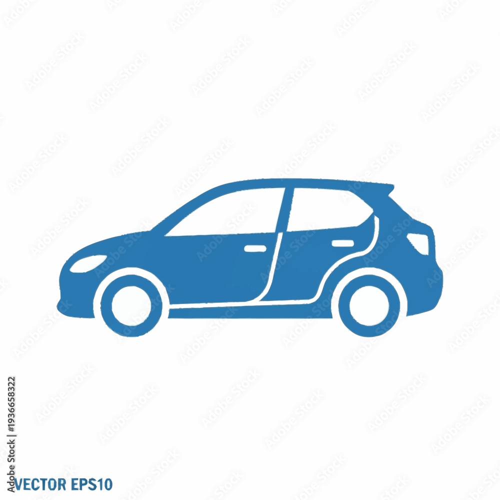 Fototapeta premium A blue car icon viewed from the side featuring two wheels a door and a hatchback