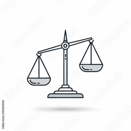 A black and white sketch of the scales of justice slightly unbalanced with a shadow underneath