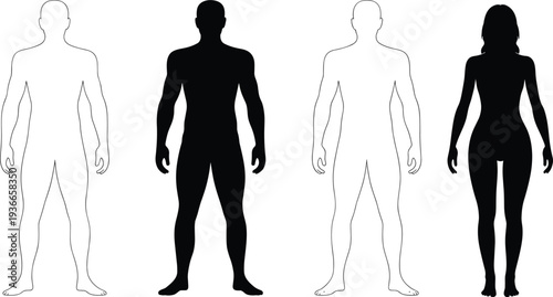 Male and female human body silhouette and outline figures, anatomy reference template for medical study fitness design and educational illustration