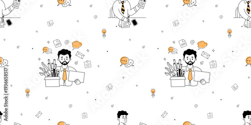 Firing and New Job Seamless Pattern. Bearded Man Holding Box on White Background with Office Icons. Human Resources and Career Change. Outline Doodle. Vector Horizontal Illustration