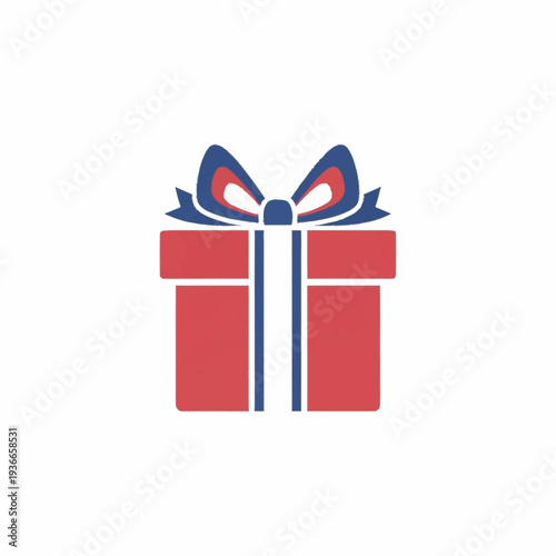 A red present with a blue bow rests on a white background