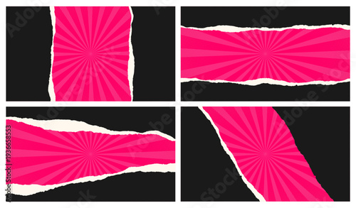 Background with realistic torn, ripped black paper with uneven edge on pink groovy backdrop with dots, rays. Retro frame, template, blank text box for banner sale, collage. Vector EPS10