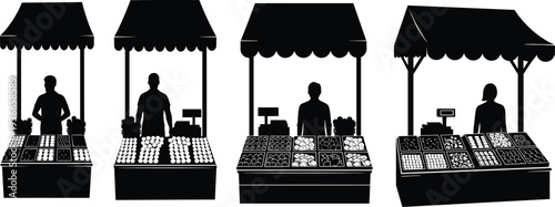 Market Stall Silhouettes Vector Set Featuring Street Vendors Selling Fruits Vegetables and Fresh Produce for Retail Bazaar Shop and Food Market Design Collection