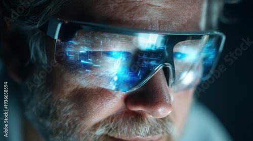 Middle aged man immersed in virtual reality experience with holographic reflections on face inside dark futuristic lounge, advanced digital entertainment concept