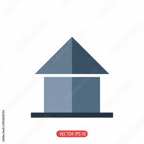 Gray geometric house icon with a triangle roof sits on a dark bar