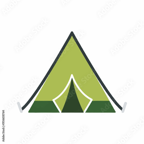 Green Aframe tent with open flap in the center dark trim and stakes on the ground