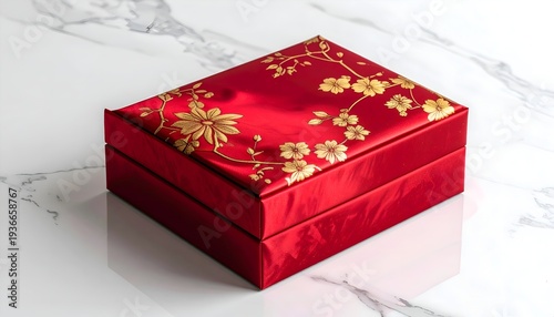Red Silk Box with Golden Floral Pattern on a White Marble Surface Elegant Design