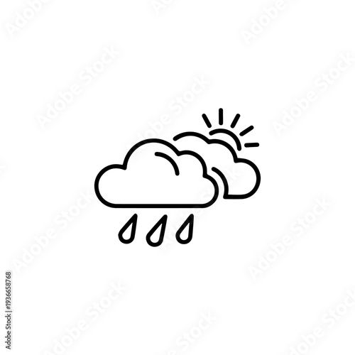 Line drawing showing a sun clouds and raindrops