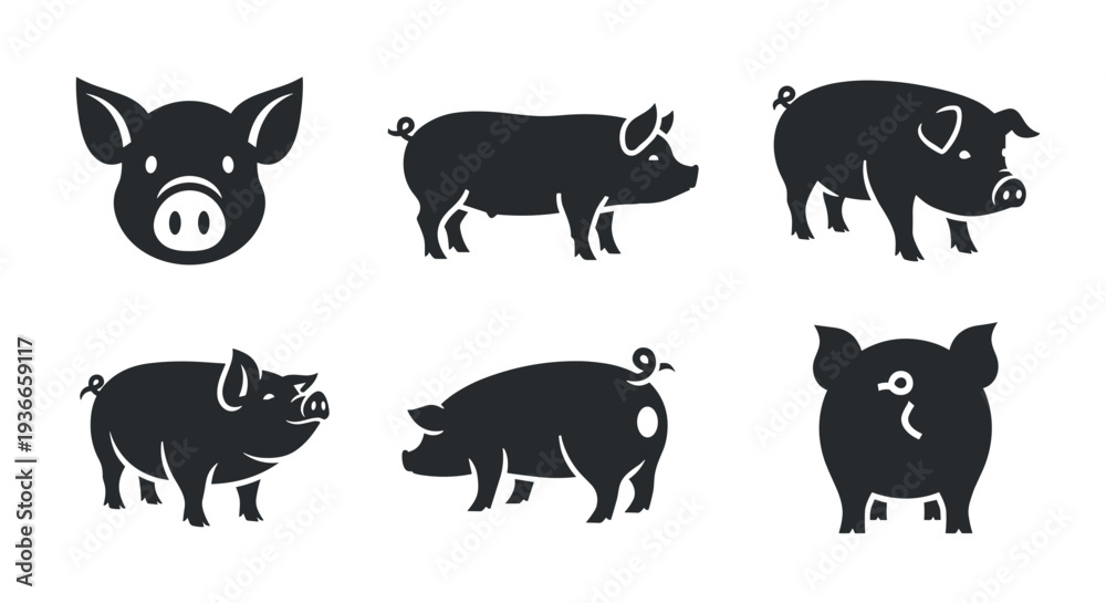 Fototapeta premium A set of six black pig silhouettes on transparent background
